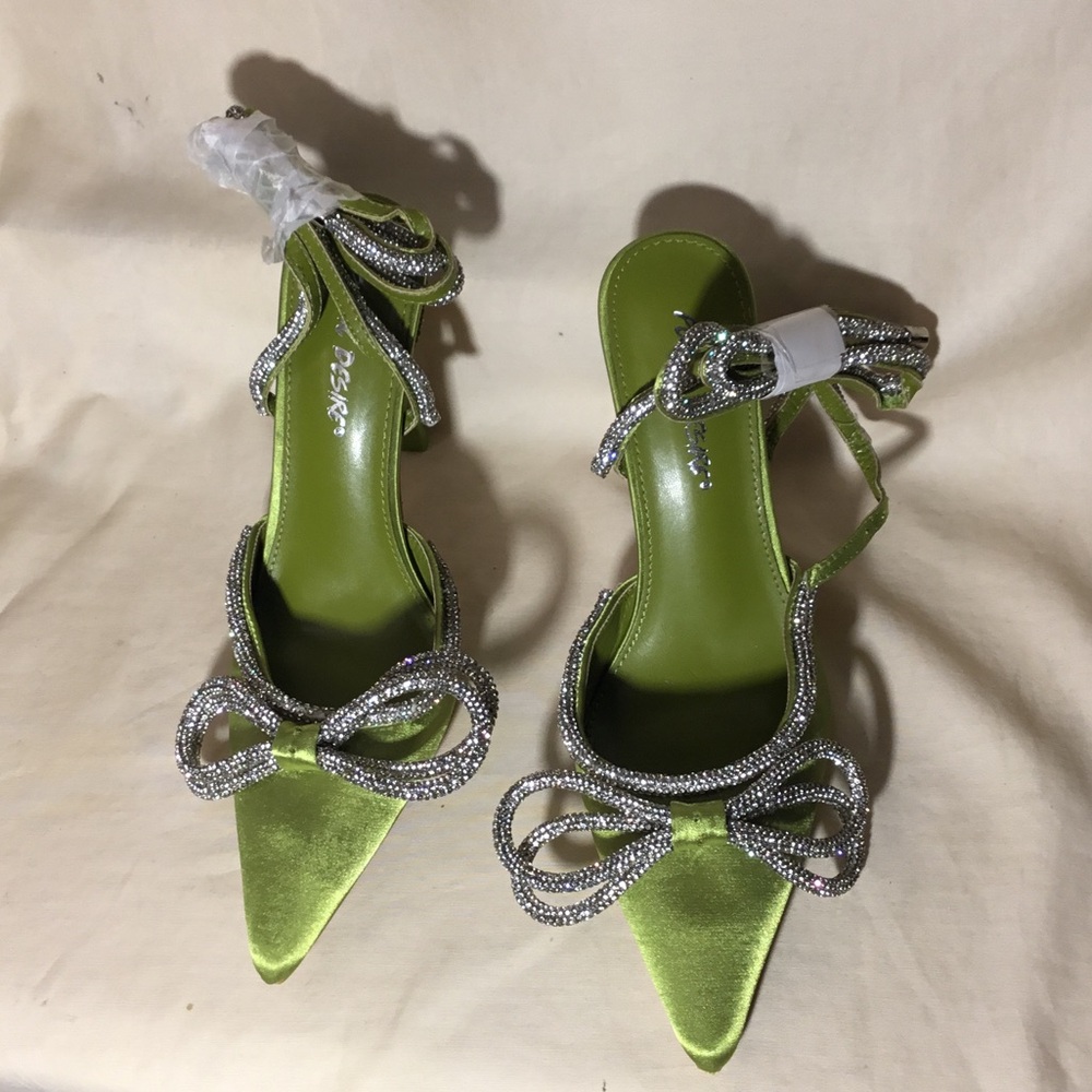 Public Desire Green Satin Bow Pointed-Toe Heels